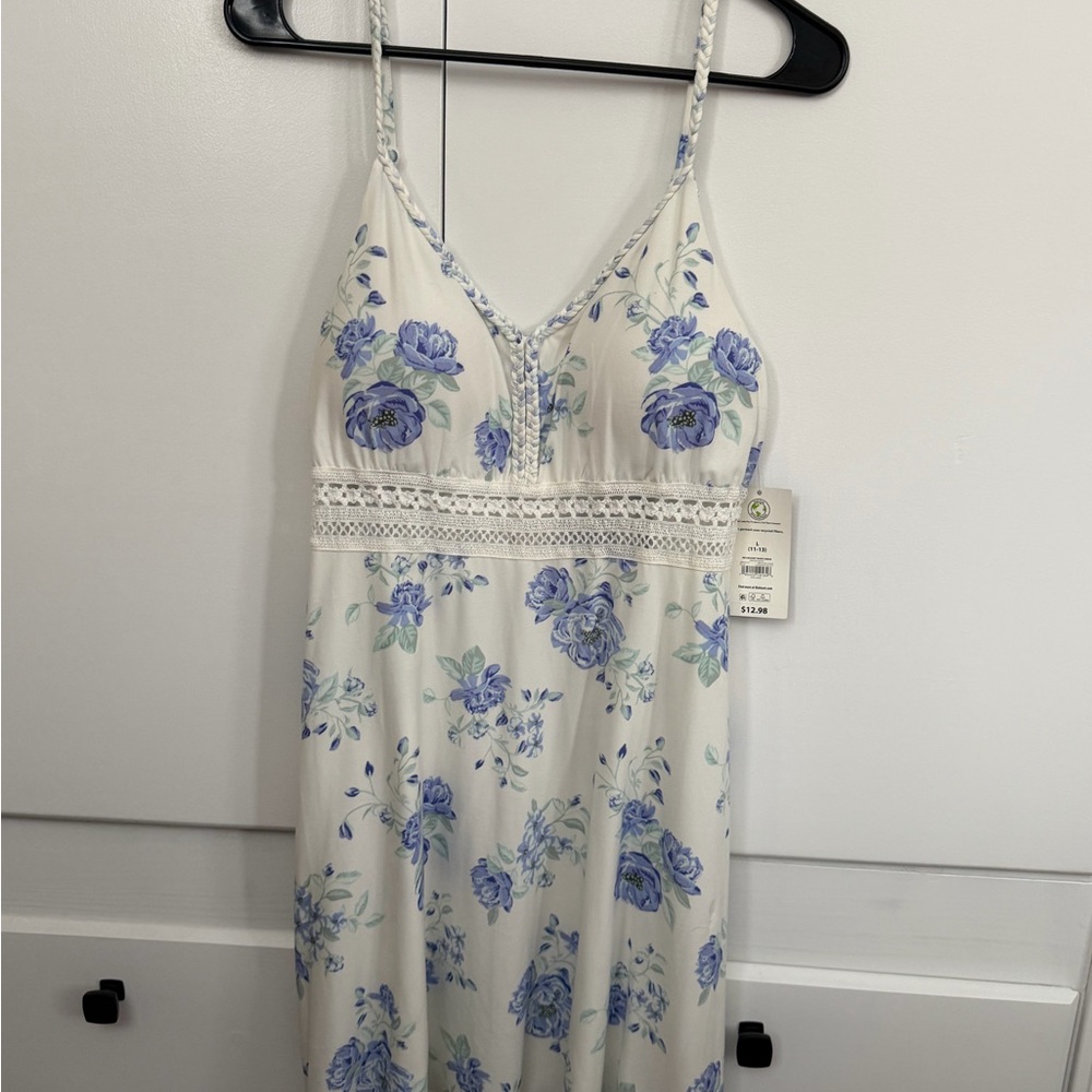 Floral Lace Trim Dress - White and Blue